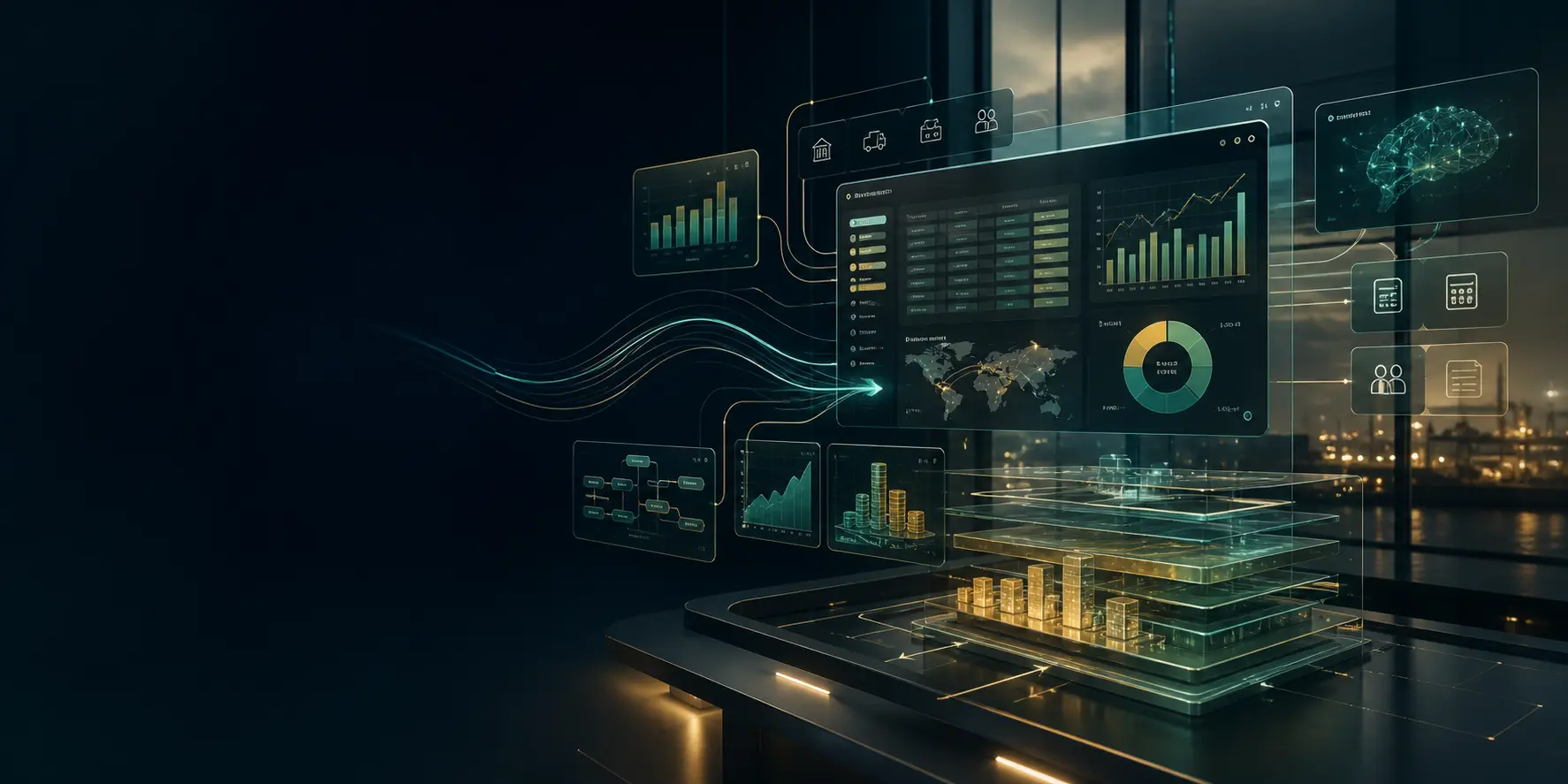 Abstract ERP command center showing financial dashboards, workflows, data streams, and enterprise systems.